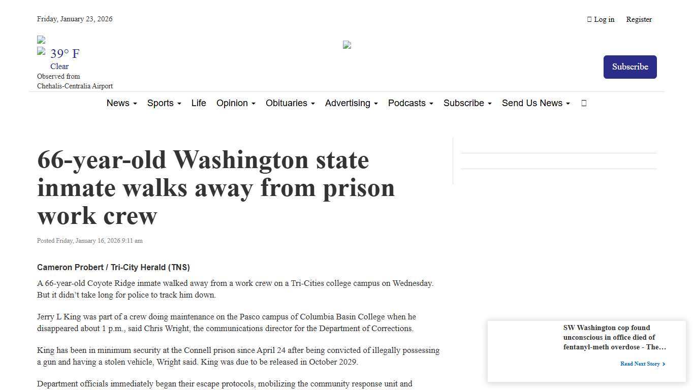 66-year-old Washington state inmate walks away from prison work crew The Daily Chronicle